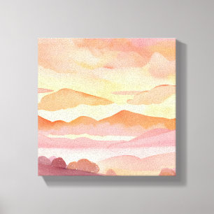 Sonnenuntergang Aquarellhügel   Orangefarbene Himm Leinwanddruck