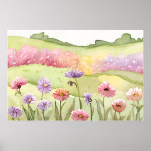 Sonnenuntergang auf dem Feld Karlsbad Blume Aquare Poster