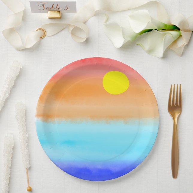 Sonnenuntergang auf dem Meer Aquarell Abstrakte Ku Pappteller (Hochzeit)