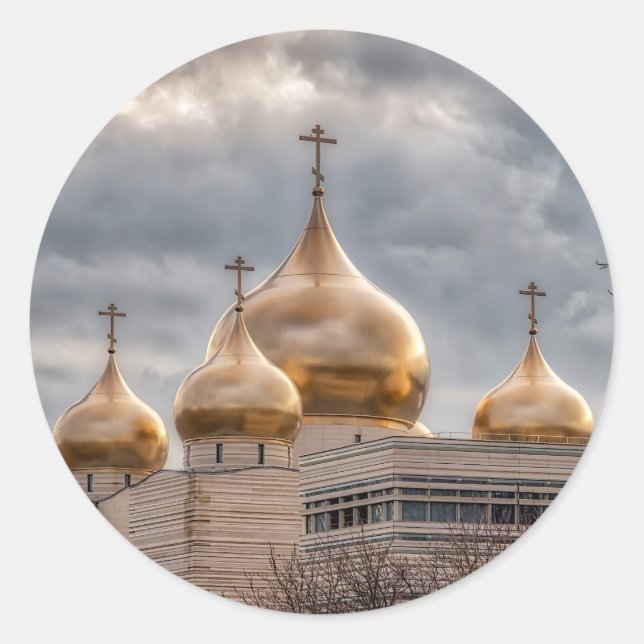 Sonnenuntergang auf der russisch-orthodoxen Kathed Runder Aufkleber (Vorderseite)