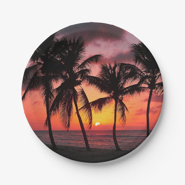Sonnenuntergang auf Paradies-Insel-Strand Pappteller (Vorderseite)