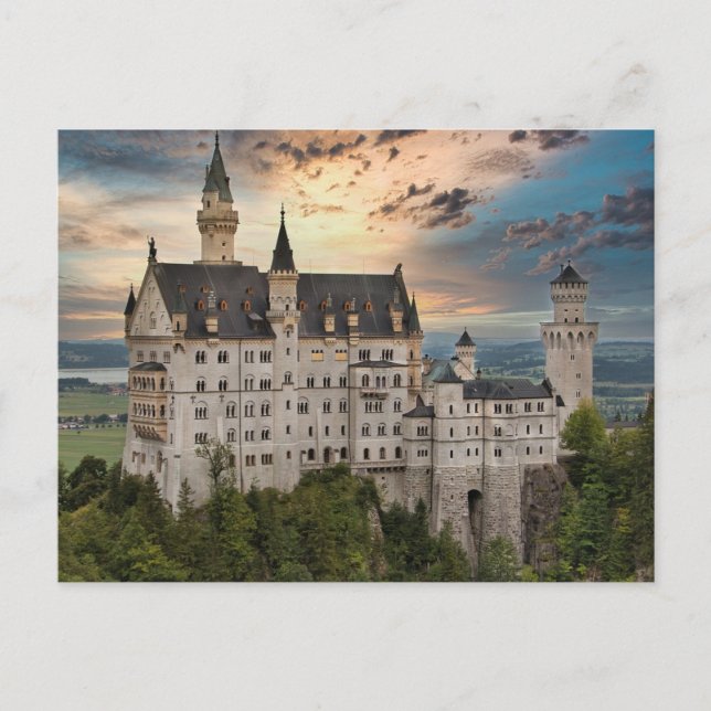 Sonnenuntergang auf Schloss Neuschwanstein, Deutsc Postkarte (Vorderseite)