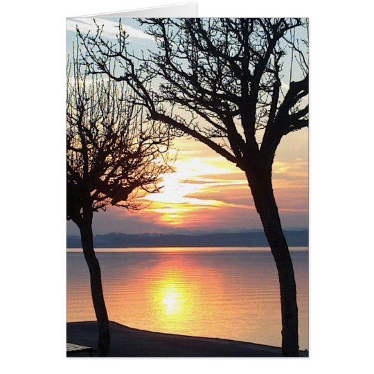 Sonnenuntergang,Bäume und See, Grusskarte, blanko Karte