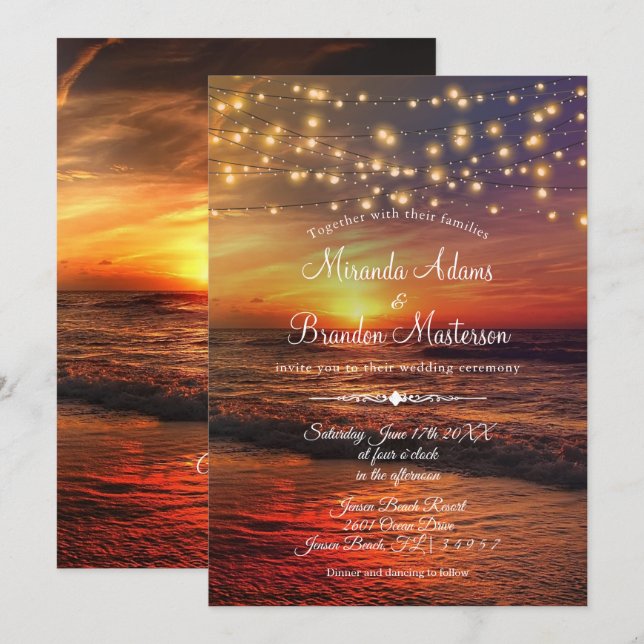 Sonnenuntergang Beach String Lights Sommerhochzeit Einladung (Vorne/Hinten)