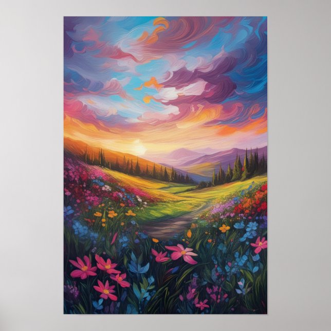 Sonnenuntergang, Blüten im Glanz Poster (Vorne)