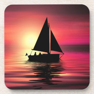 Sonnenuntergang, Boot, Meer mit orangefarbenem Hin Getränkeuntersetzer