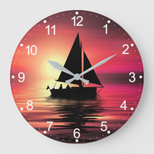 Sonnenuntergang, Boot, Meer mit orangefarbenem Hin Große Wanduhr