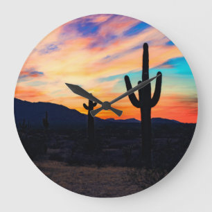 Sonnenuntergang Cactus, Wüstendusche Große Wanduhr