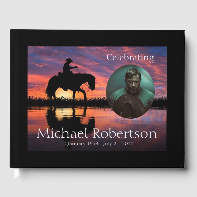 Sonnenuntergang Cowboy auf Pferdefeier Gästebuch (Vorderseite)