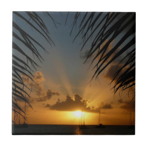 Sonnenuntergang durch die tropische Küste der Palm Fliese