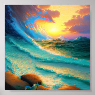 Sonnenuntergang durch eine Welle Poster