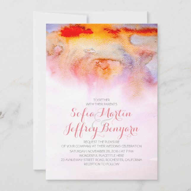 Sonnenuntergang Farben Aquarell Hochzeit Einladung (Vorderseite)