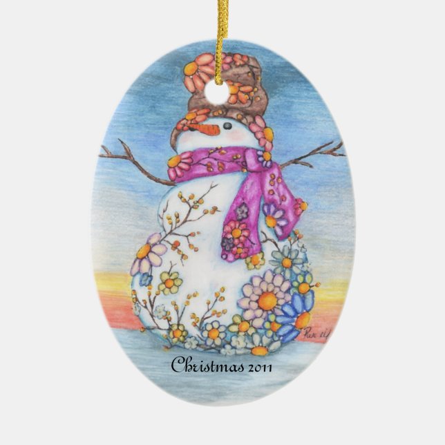 Sonnenuntergang-Gänseblümchen-Schneemann Keramikornament (Vorne)
