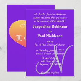 Sonnenuntergang Herz Violet Silber Monogram Weddin Einladung