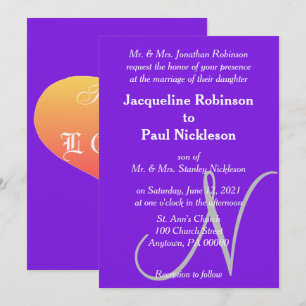 Sonnenuntergang Herz Violet Silber Monogram Weddin Einladung