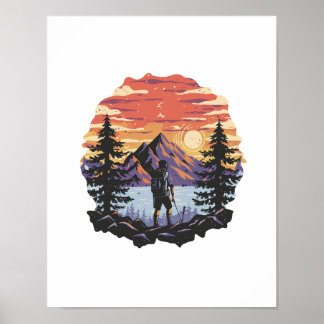 Sonnenuntergang hinter Bäumen und Bergen Poster