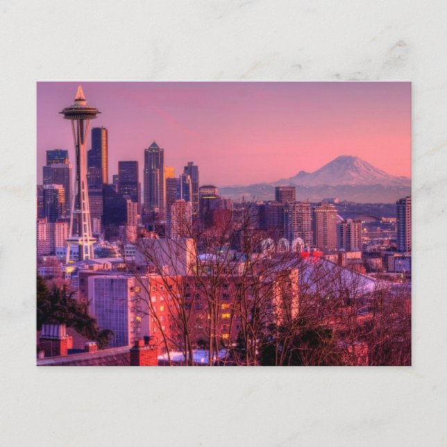 Sonnenuntergang hinter Seattle Skyline von Kerry P Postkarte (Vorderseite)