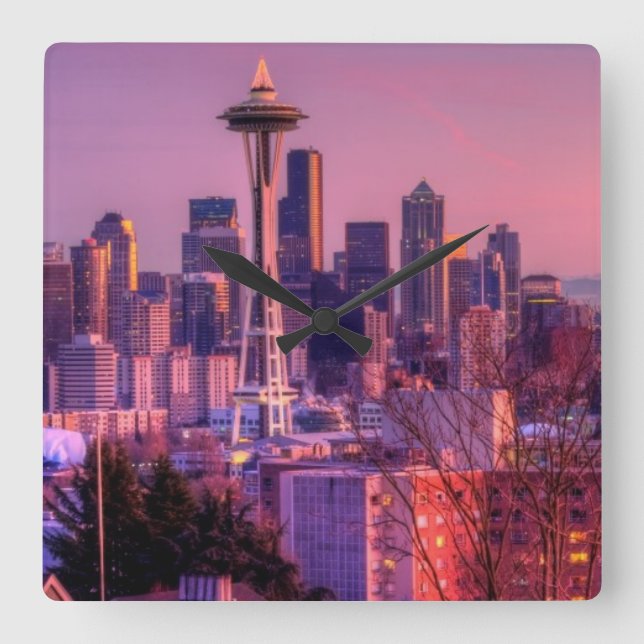Sonnenuntergang hinter Seattle Skyline von Kerry P Quadratische Wanduhr (Vorderseite)