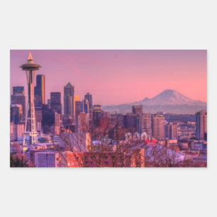 Sonnenuntergang hinter Seattle-Skylinen von Rechteckiger Aufkleber