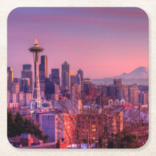 Sonnenuntergang hinter Seattle-Skylinen von Rechteckiger Pappuntersetzer