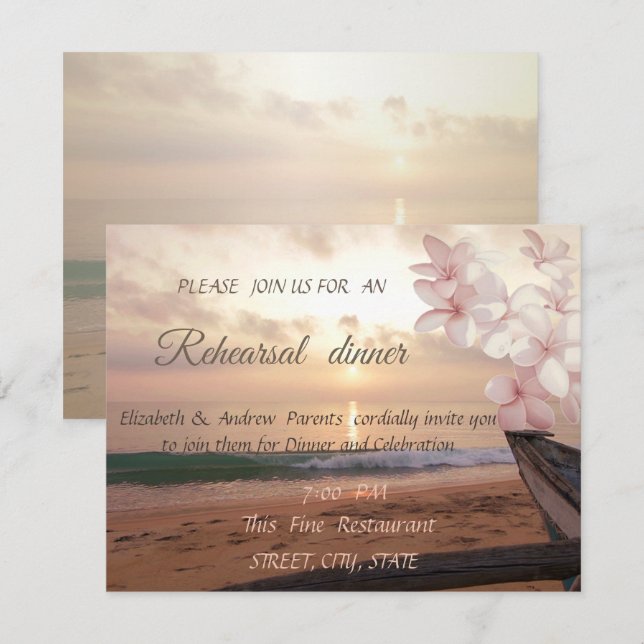 Sonnenuntergang Hochzeit am Strand, Probe Plumeria Einladung (Vorne/Hinten)