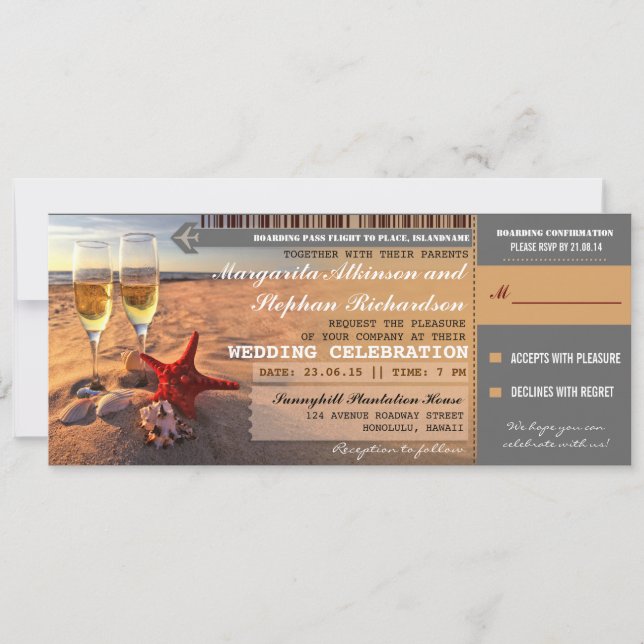 Sonnenuntergang Hochzeit Boarding Pass Einladungen (Vorderseite)
