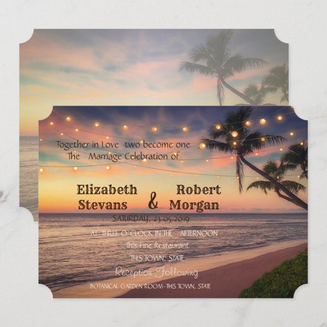 Sonnenuntergang Hochzeit, Palmen, Lichterfröhlichk Einladung (Vorne/Hinten)
