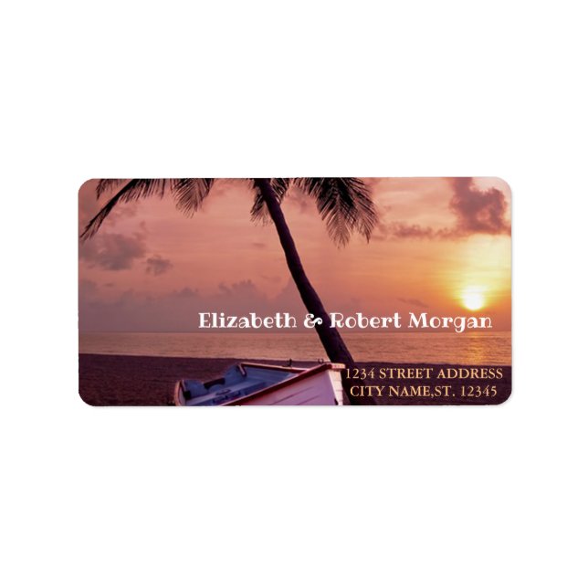 Sonnenuntergang-Hochzeitstil des tropischen Beach  Adressaufkleber (Vorne)