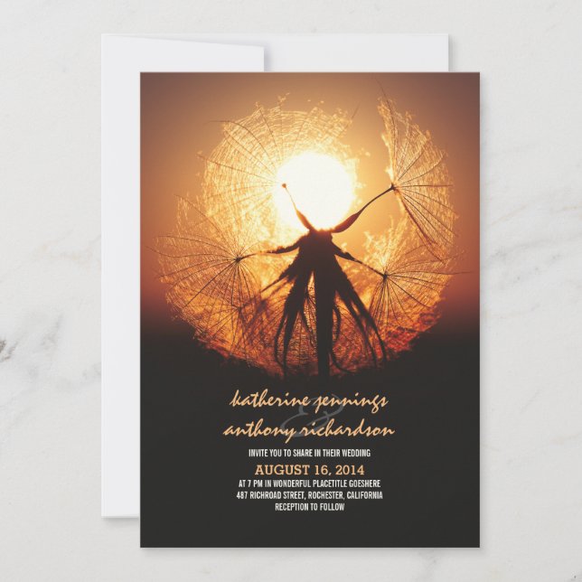 Sonnenuntergang im Dandelion Rustikale Hochzeitsei Einladung (Vorderseite)
