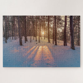 Sonnenuntergang im schneebedeckten Kiefernwald