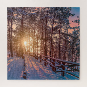 Sonnenuntergang im schneebedeckten Pinienwald mit