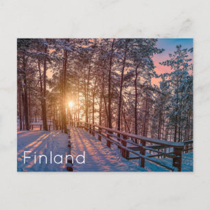 Sonnenuntergang im schneebedeckten Pinienwald mit  Postkarte