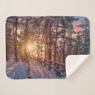 Sonnenuntergang im schneebedeckten Pinienwald mit Sherpadecke