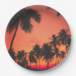 Sonnenuntergang im tropischen Palmenbaum Pappteller
