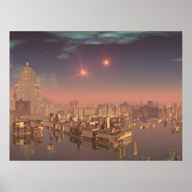 Sonnenuntergang in Alien Water City 1 Print Poster (Vorne)