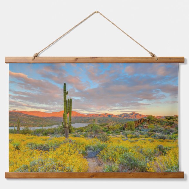 Sonnenuntergang in der Wüstenlandschaft Wandteppich Mit Holzrahmen (Vorne)