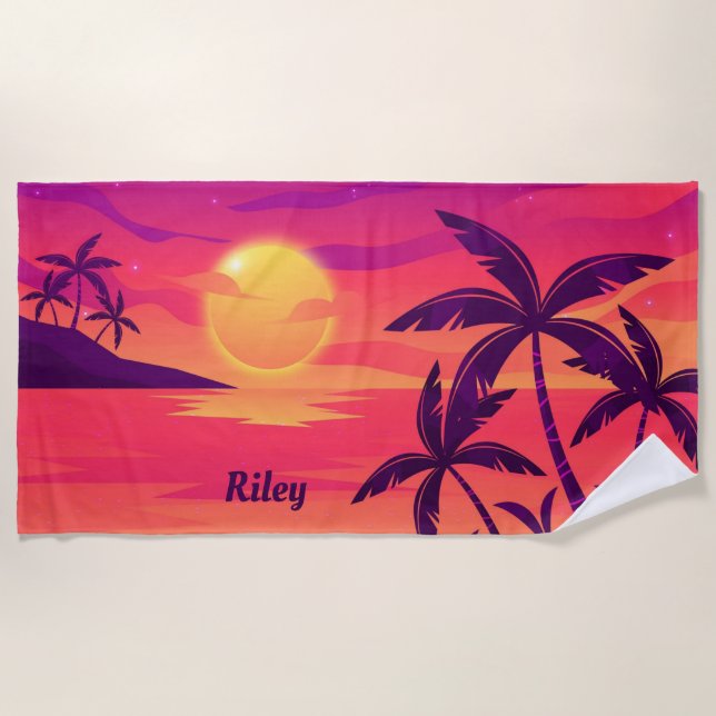 Sonnenuntergang Küstenpalmen Personalisiert Strandtuch (Vorderseite)