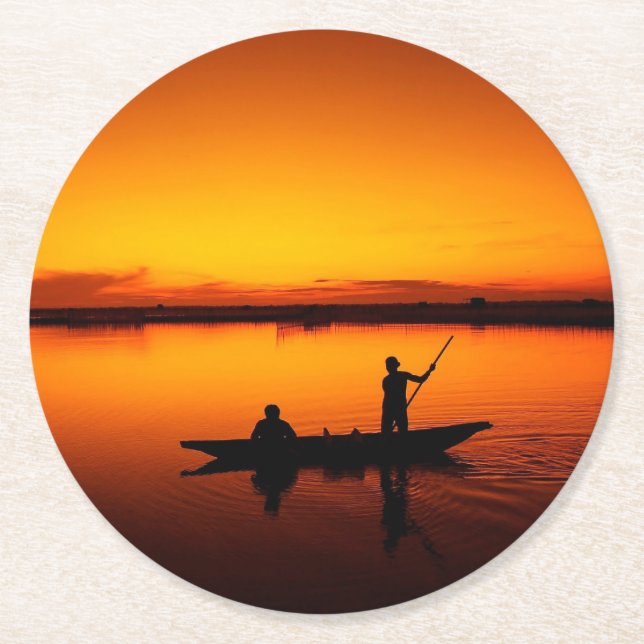 Sonnenuntergang Landschaft mit einem Boot-68465 Runder Pappuntersetzer (Vorderseite)