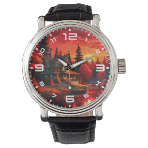 Sonnenuntergang Malerei mit Hütte und See-66633 Armbanduhr