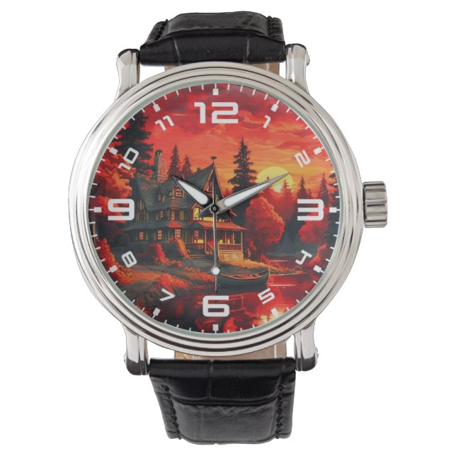 Sonnenuntergang Malerei mit Hütte und See-66633 Armbanduhr (Vorderseite)