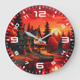 Sonnenuntergang Malerei mit Hütte und See-66633 Große Wanduhr