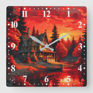 Sonnenuntergang Malerei mit Hütte und See-66633 Quadratische Wanduhr