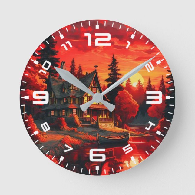Sonnenuntergang Malerei mit Hütte und See-66633 Runde Wanduhr (Vorderseite)