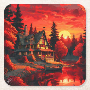 Sonnenuntergang Malerei mit Hütte und See Rechteckiger Pappuntersetzer
