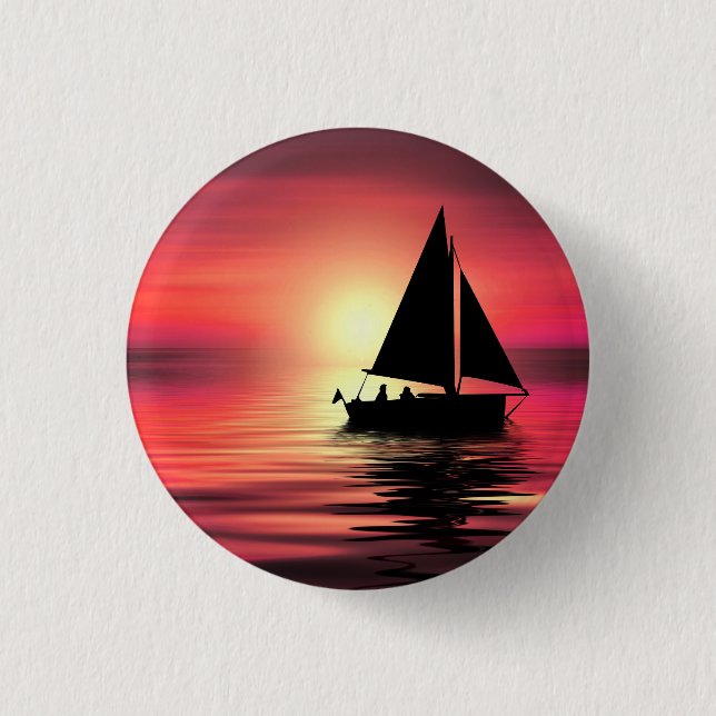 Sonnenuntergang, Meer, Segelboot Button (Vorderseite)