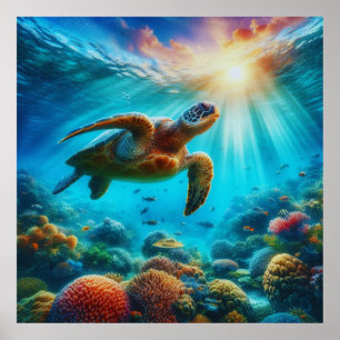 Sonnenuntergang Meeresschildkröten und Korallenrif Poster