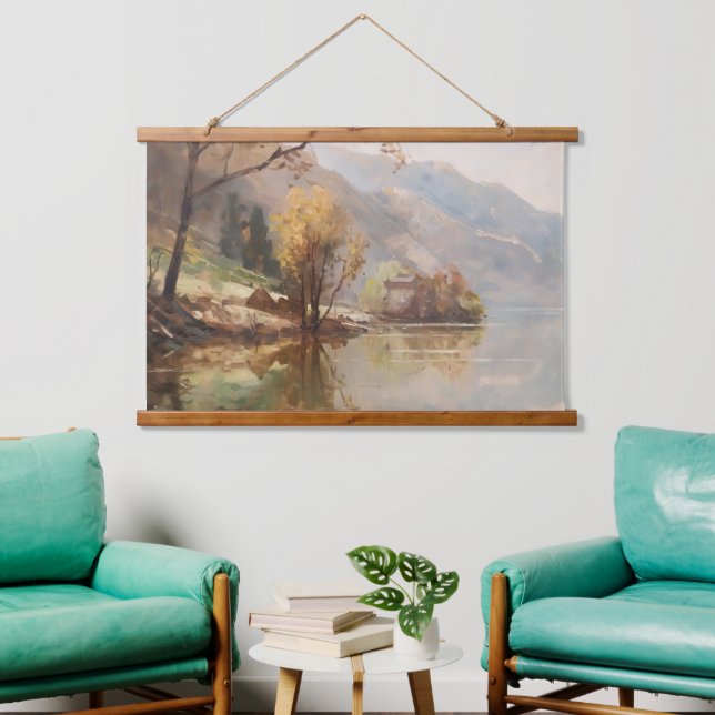 Sonnenuntergang mit Berg und Fluss Wandteppich Mit Holzrahmen (Wohnzimmer)