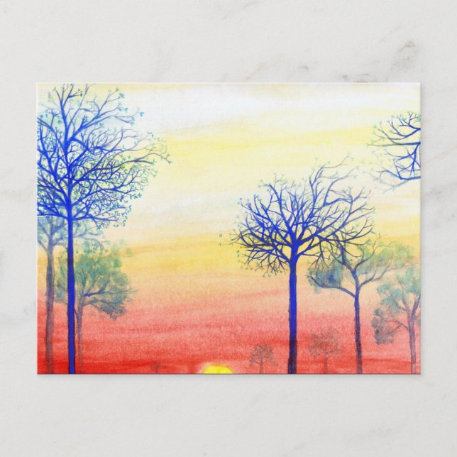 Sonnenuntergang mit blauen Bäumen Postkarte (Vorderseite)