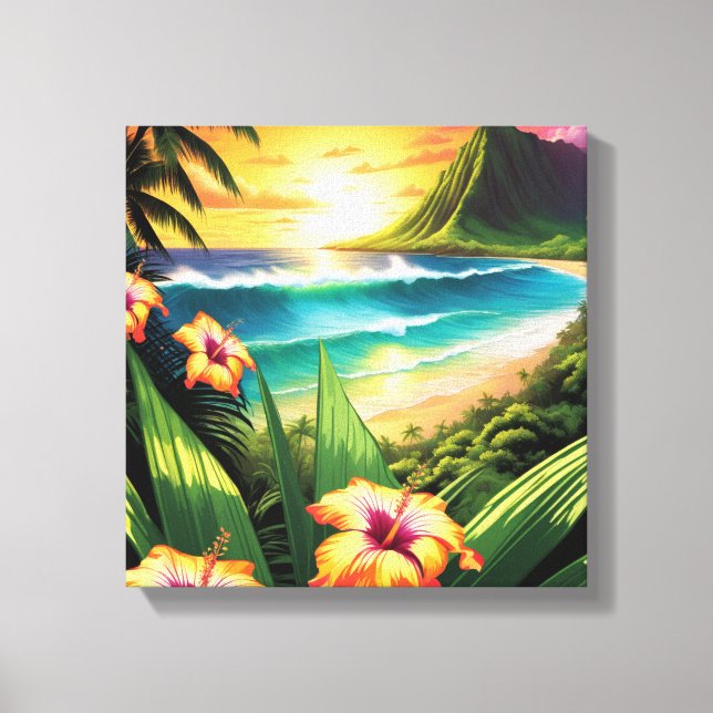 Sonnenuntergang mit Blume und Palmen Leinwanddruck (Vorderseite)