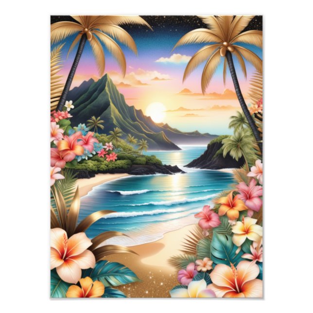 Sonnenuntergang mit Palmen und Blume Fotodruck (Vorne)